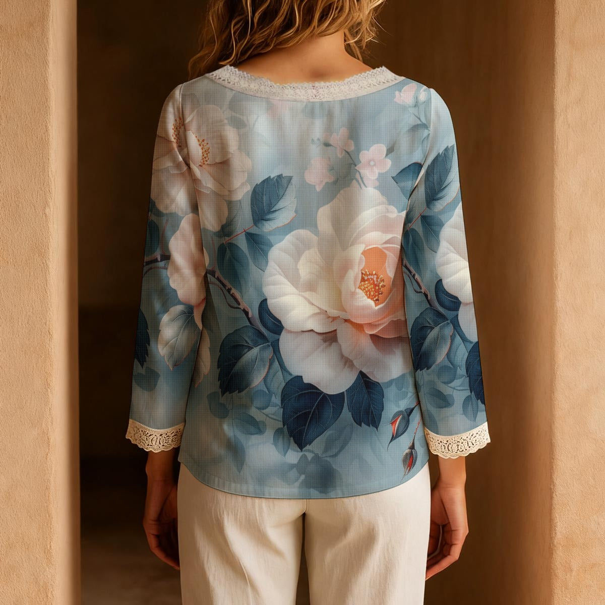 All-Over Print Women's Long-Sleeve Casual Top With Tie Collar