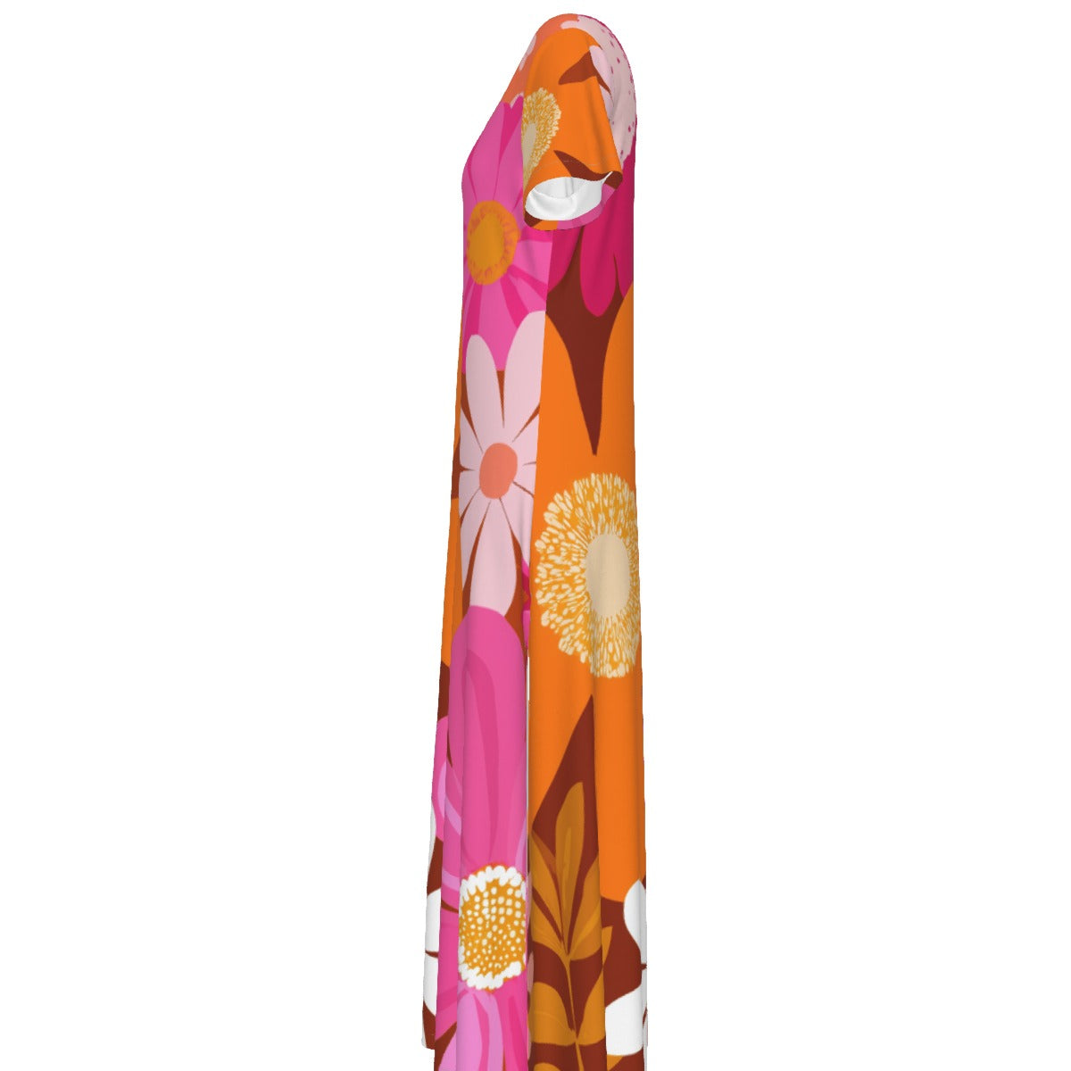 All-Over Print Women's V-neck Dress With Side Slit- flower power pink and orange