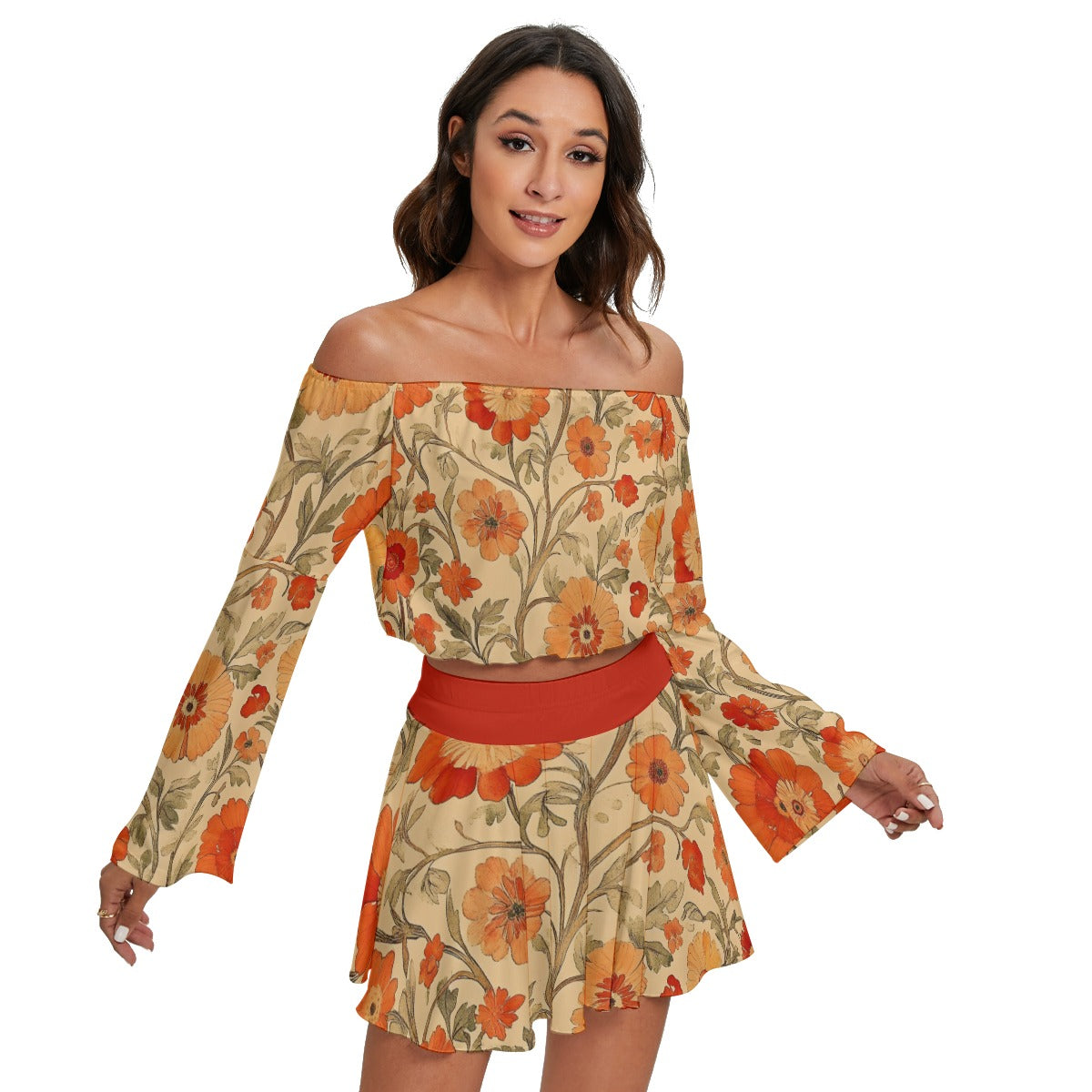 All-Over Print Women's Off-shoulder Top And Skirt Set