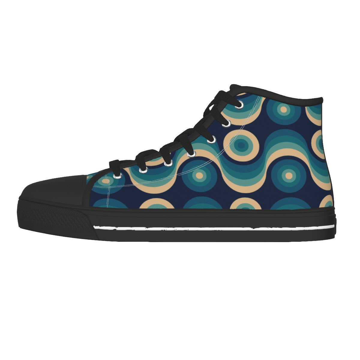 A single high-top sneaker shown in side profile on a plain white background. The shoe has a black rubber toe cap, laces, and sole, with a canvas upper featuring a retro 1970s-style wavy circular pattern in teal, beige, and navy blue.