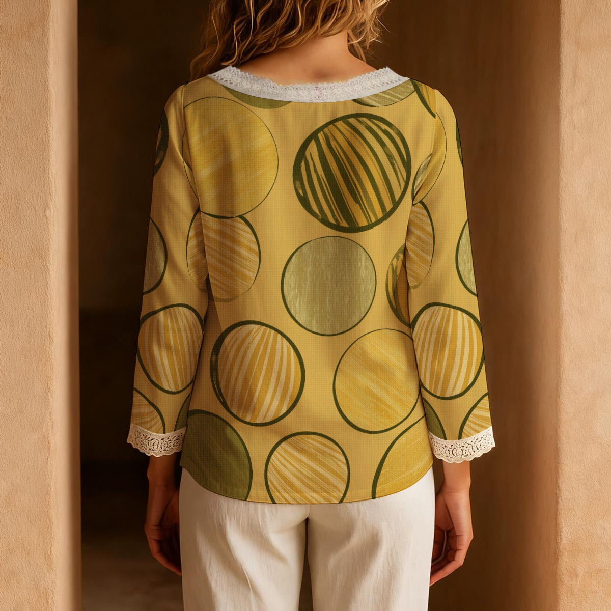 All-Over Print Women's Long-Sleeve Casual Top With Tie Collar