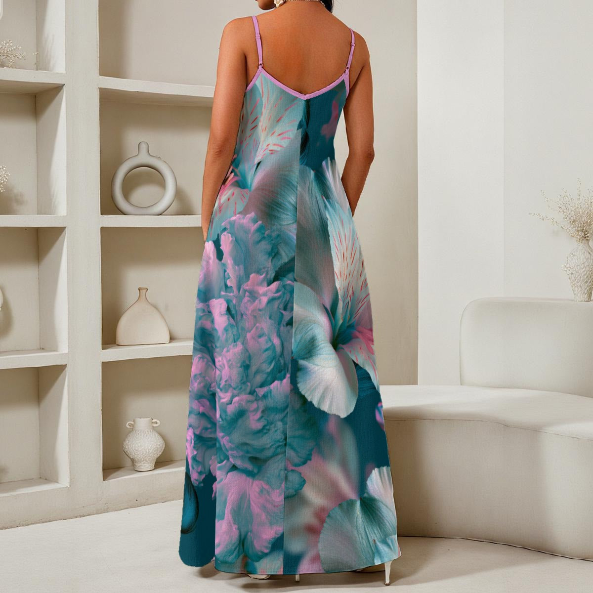 All-Over Print Women's Elegant V-Neck Maxi Dress blue floral