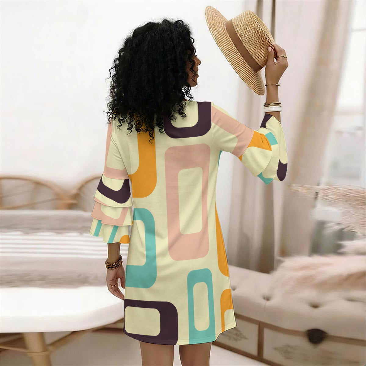 All-Over Print Women's Stacked Ruffle Sleeve Dress
