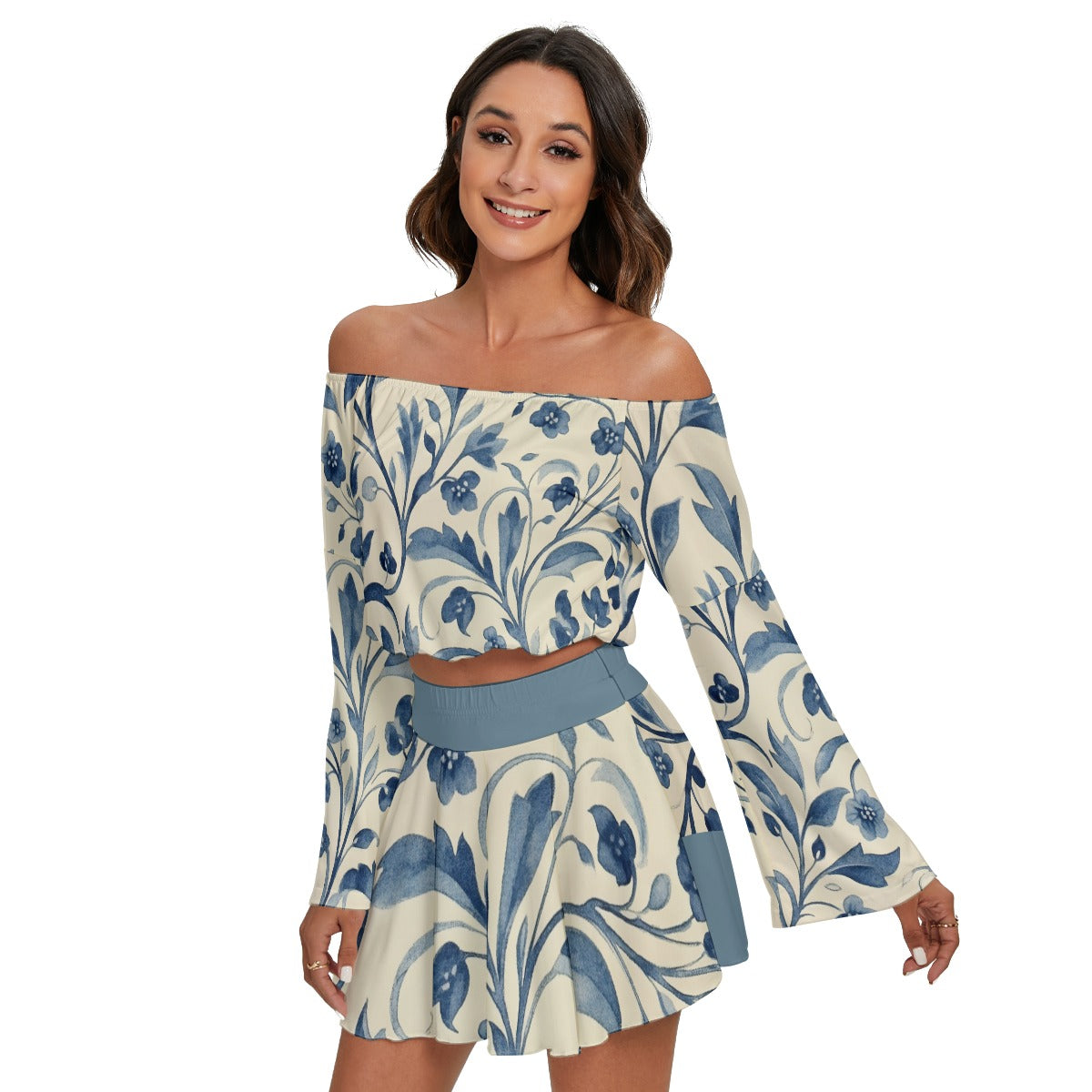 All-Over Print Women's Off-shoulder Top And Skirt Set