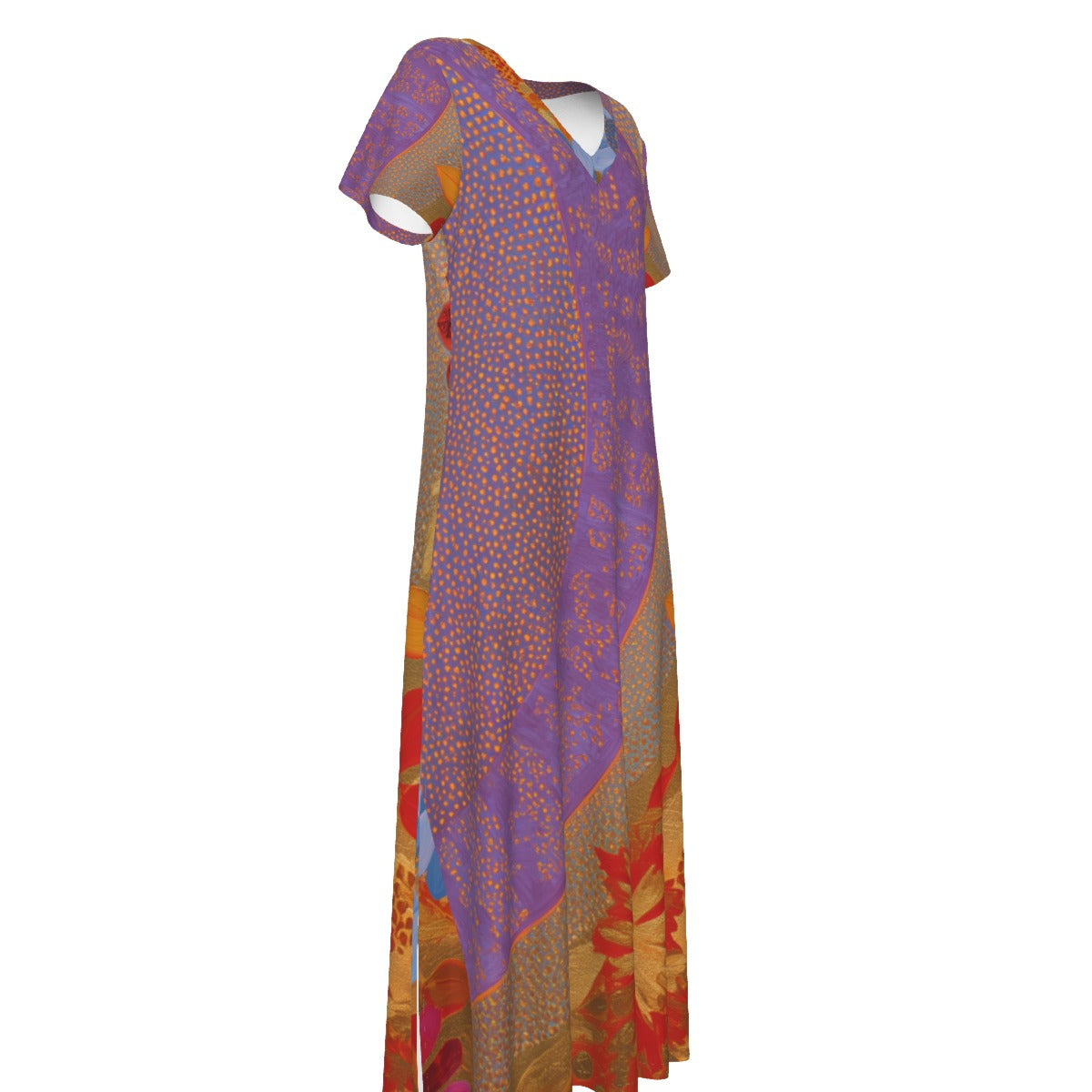 All-Over Print Women's V-neck Dress With Side Slit- Purple Indian
