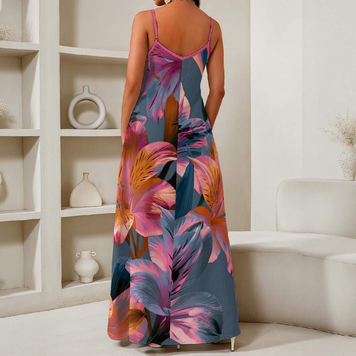 All-Over Print Women's Elegant V-Neck Maxi Dress gray pink floral
