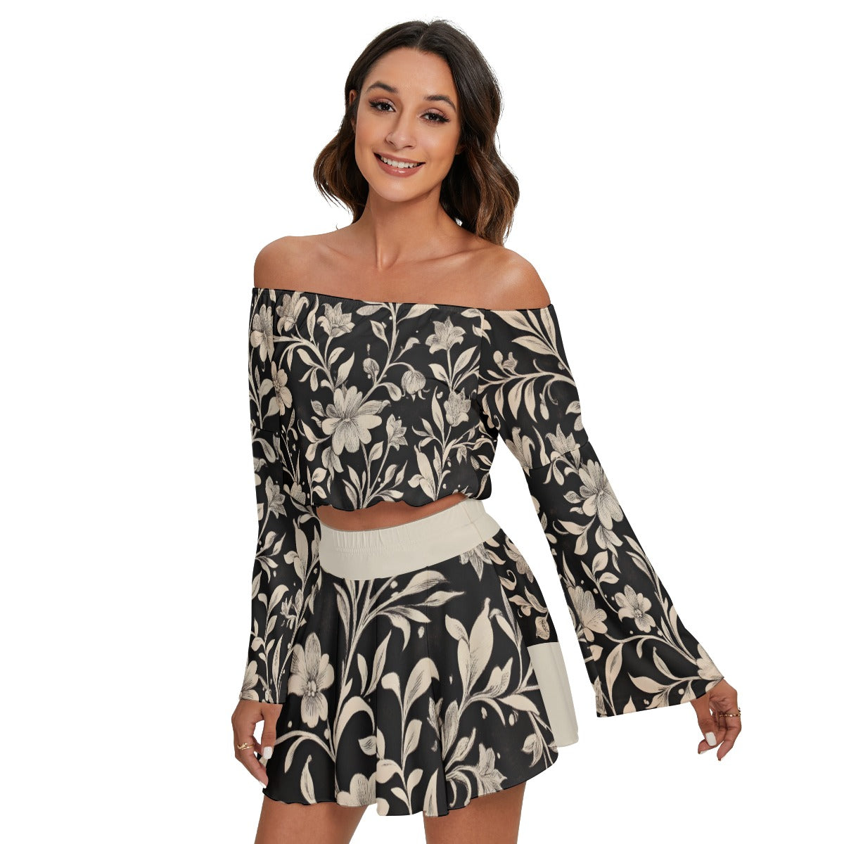 All-Over Print Women's Off-shoulder Top And Skirt Set