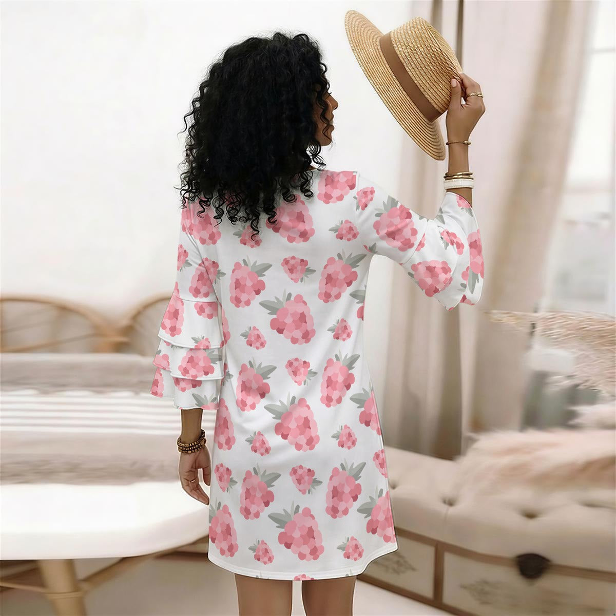 All-Over Print Women's Stacked Ruffle Sleeve Dress