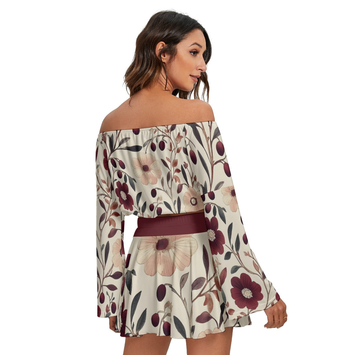 All-Over Print Women's Off-shoulder Top And Skirt Set