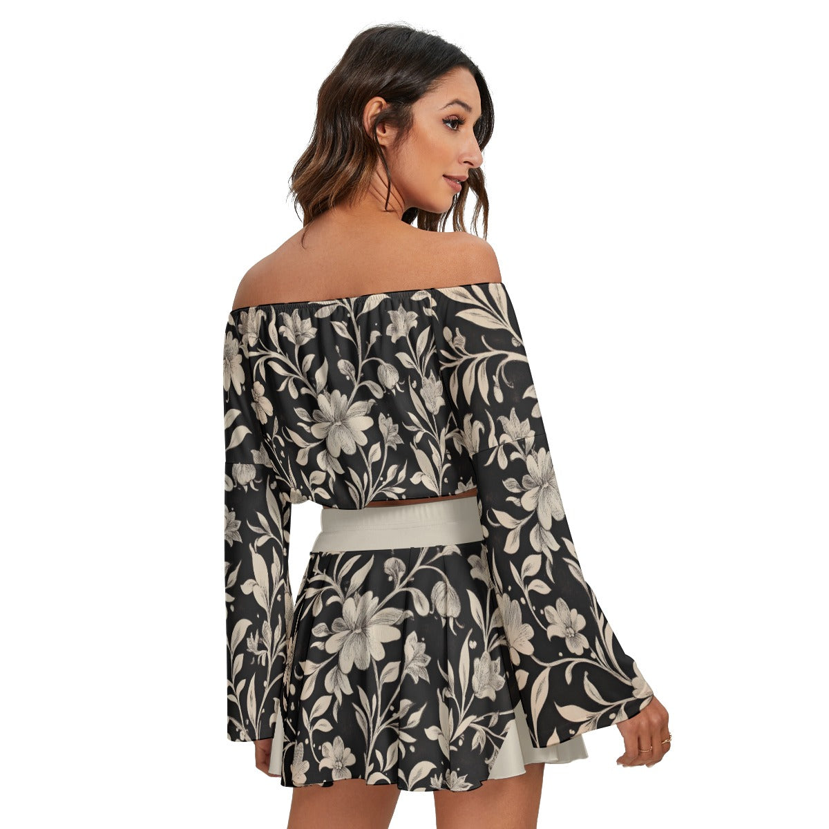 All-Over Print Women's Off-shoulder Top And Skirt Set