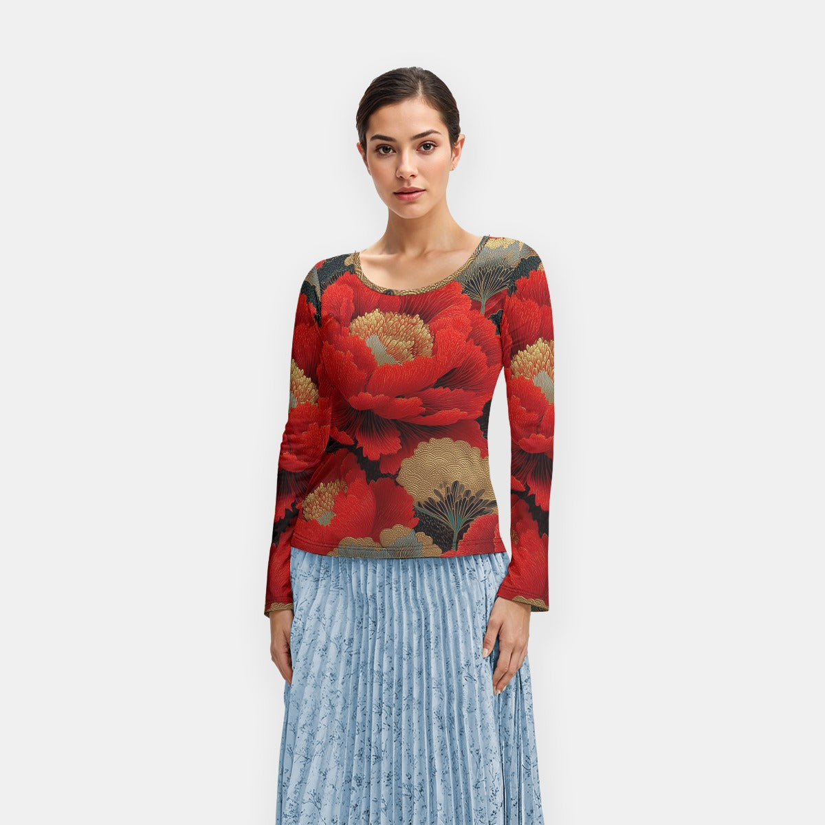 Red Gold Floral Flared Sleeve Women’s Long Sleeve Top