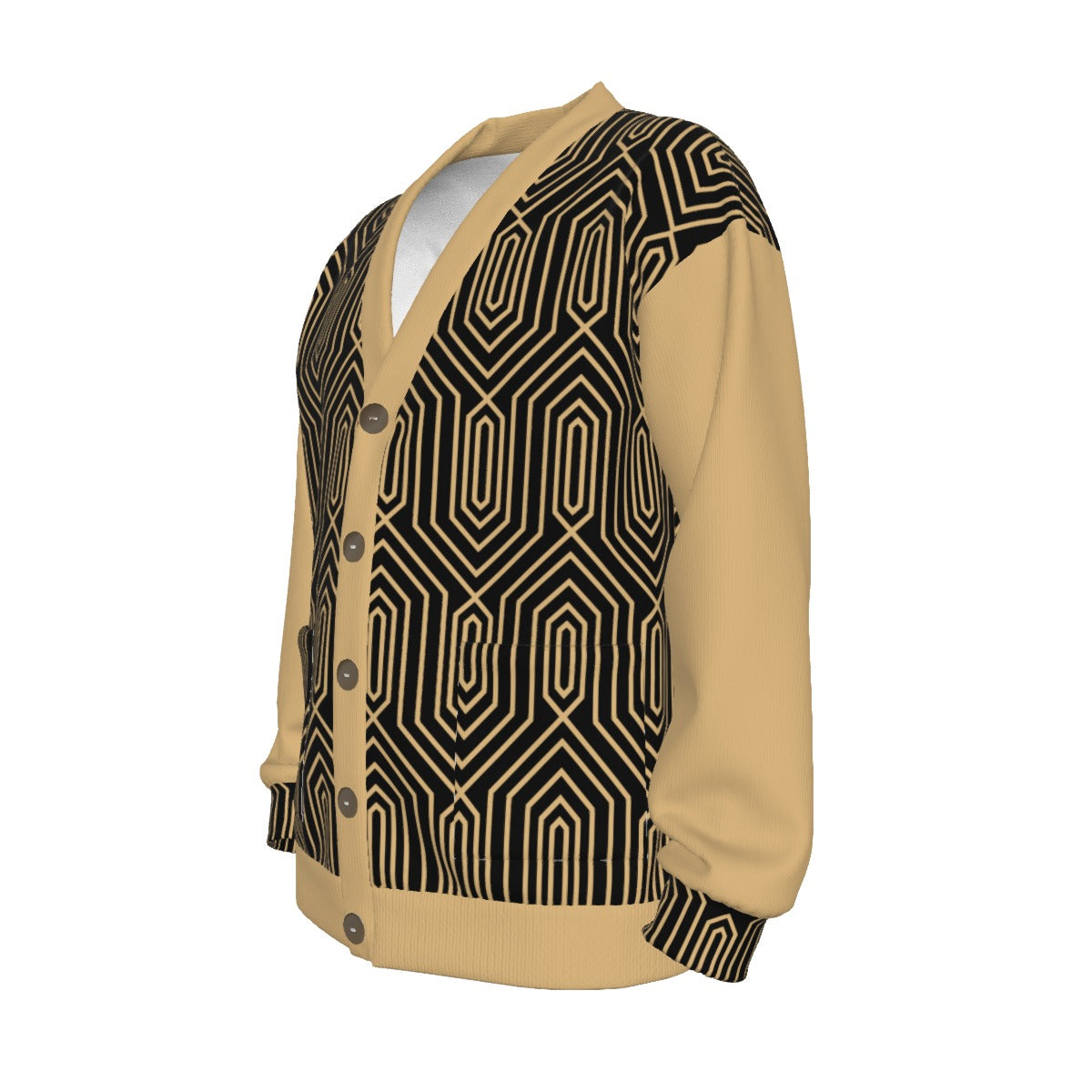 All-Over Print Unisex V-neck Knitted Fleece Cardigan With Button Closure geo metric