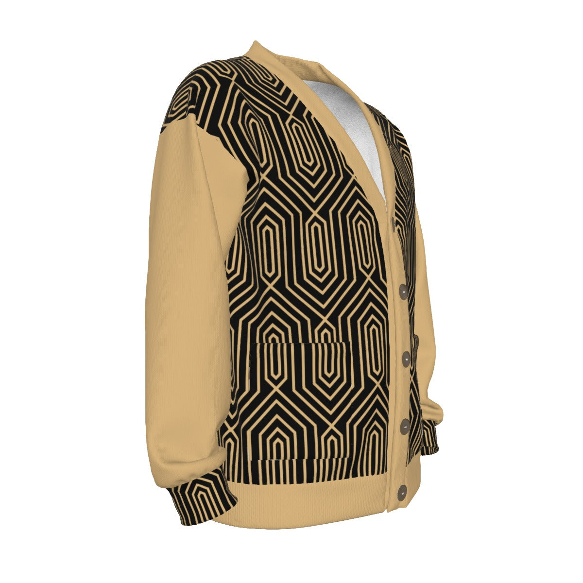 All-Over Print Unisex V-neck Knitted Fleece Cardigan With Button Closure geo metric