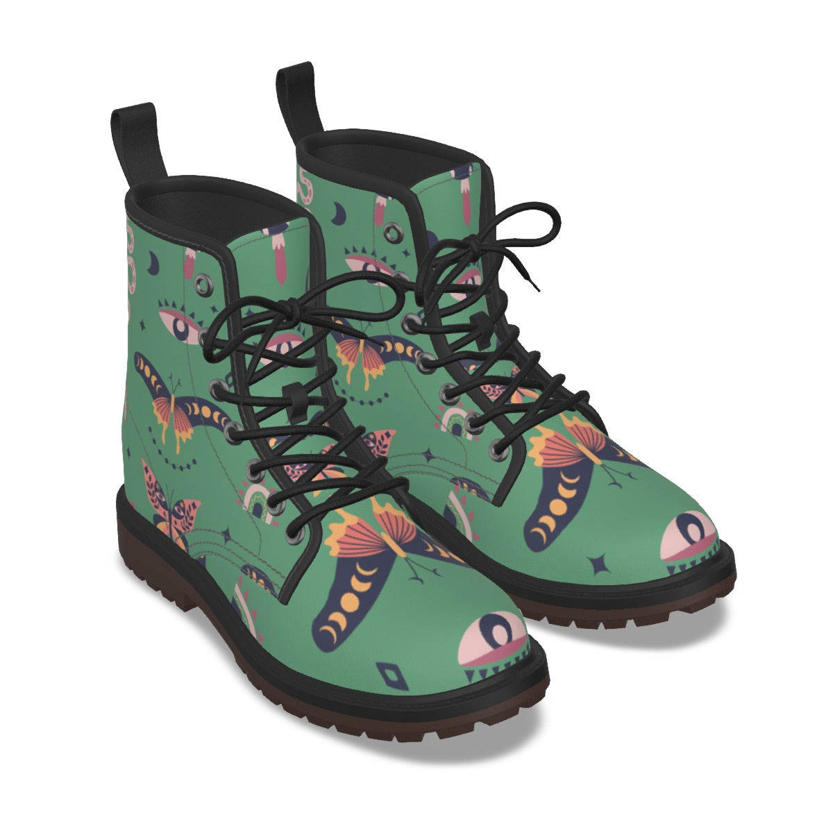 Witchy Green Celestial Moth Moon Print Combat Boots