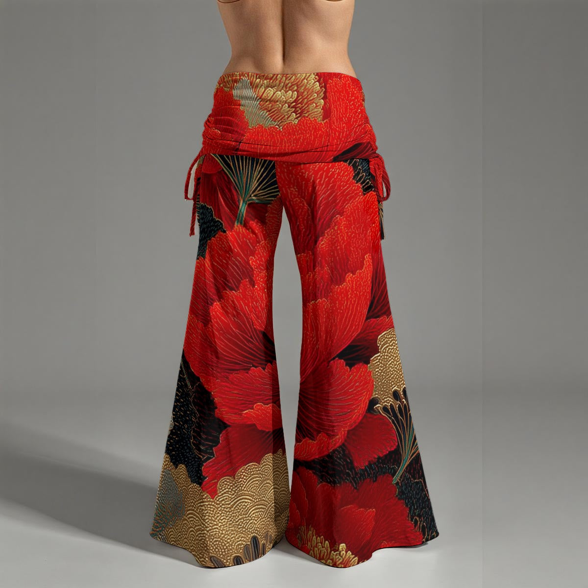 Red Floral Print High-Waist Wide-Leg Pants