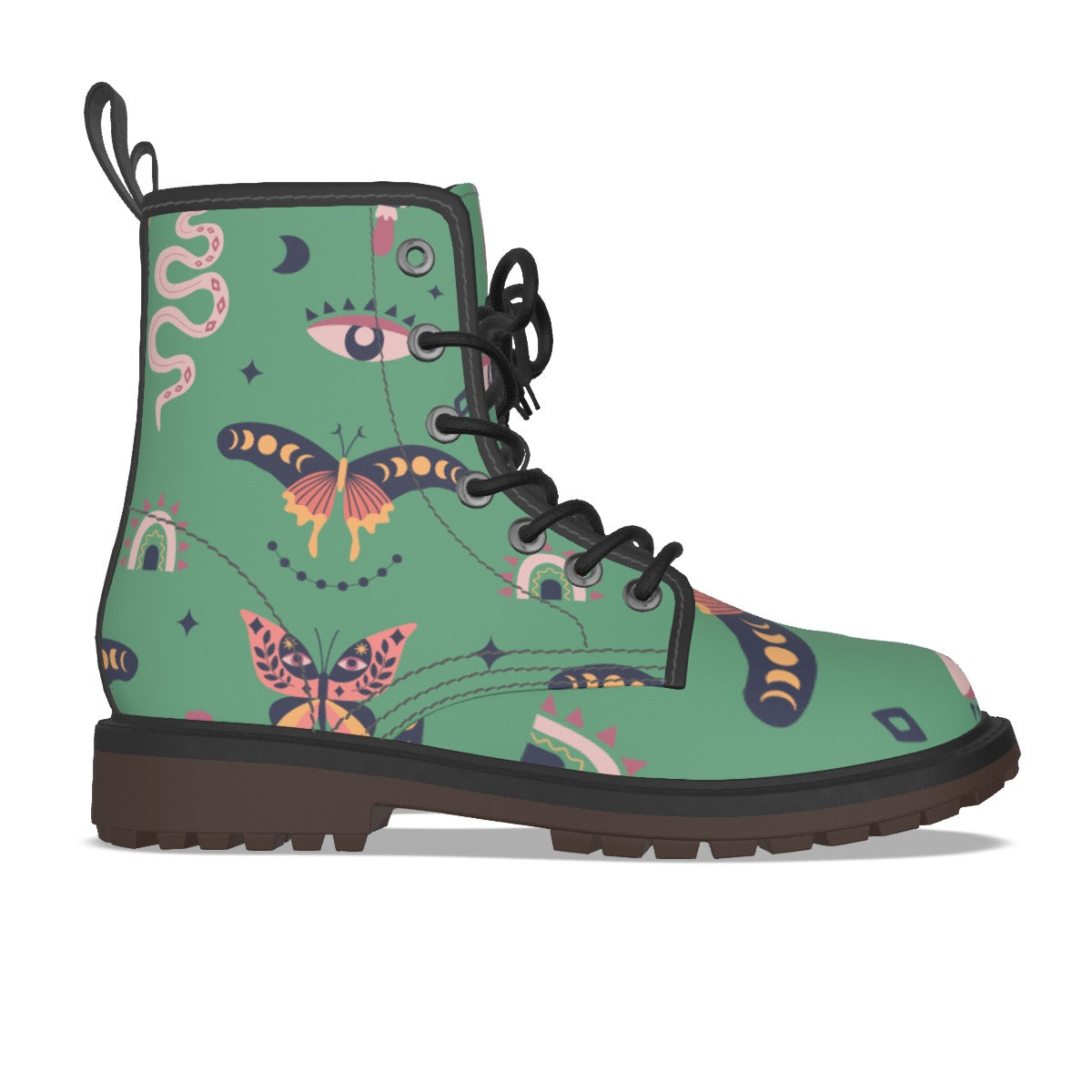 Witchy Green Celestial Moth Moon Print Combat Boots