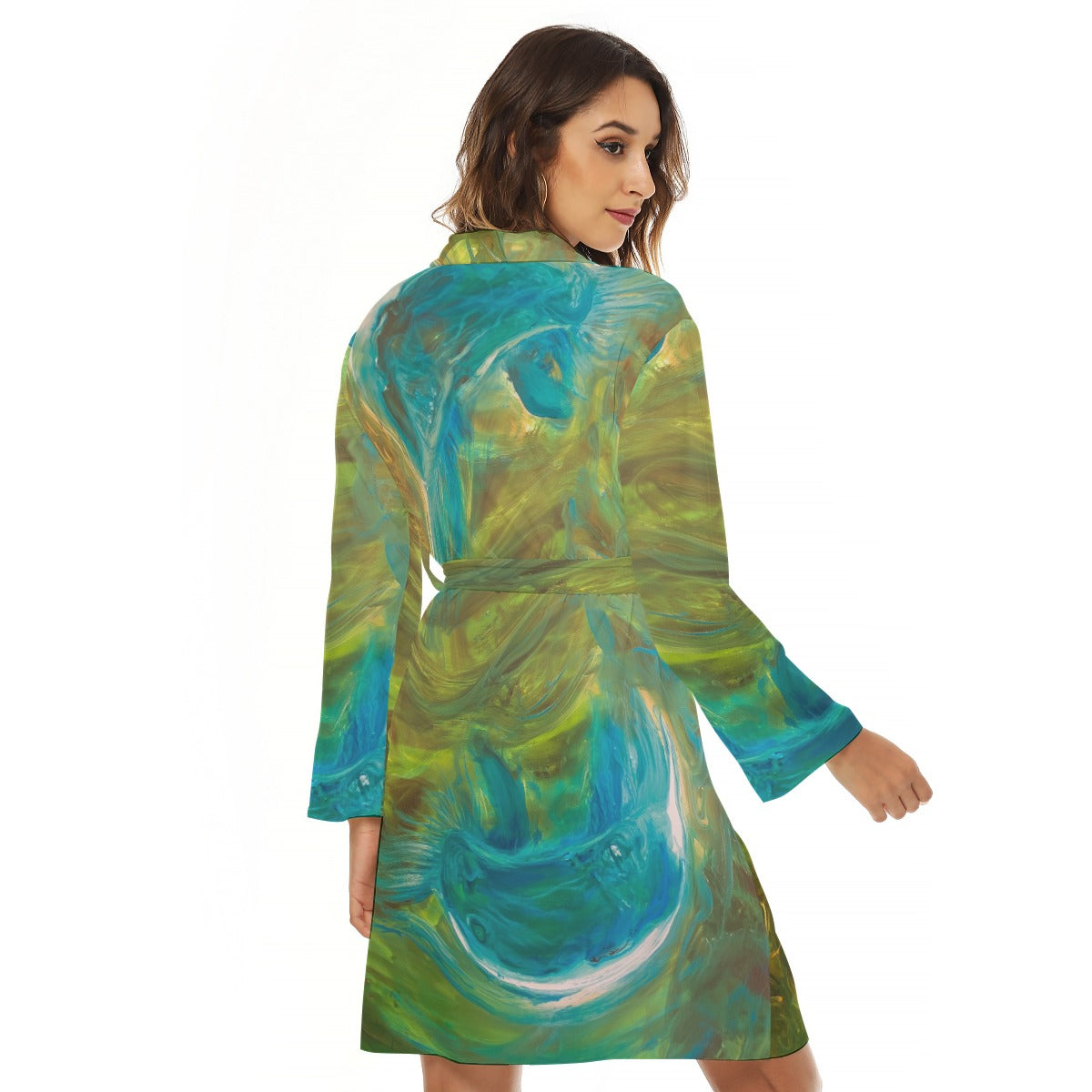 Womens All Over Print Jersey Robe Waist Tie Pocket Soft Cozy