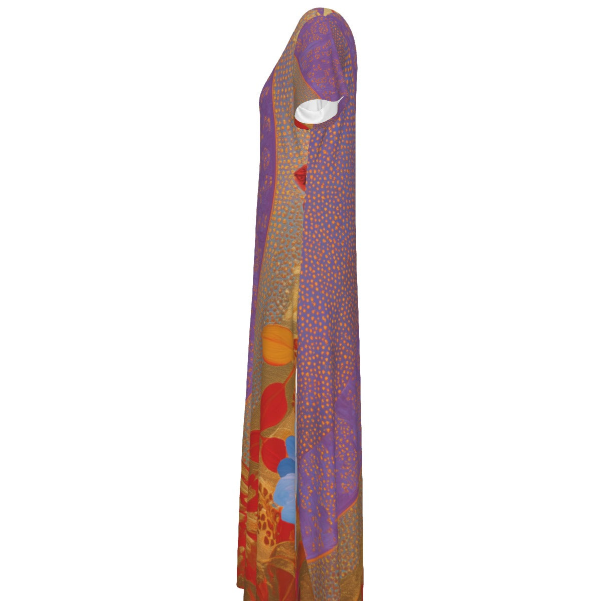 All-Over Print Women's V-neck Dress With Side Slit- Purple Indian
