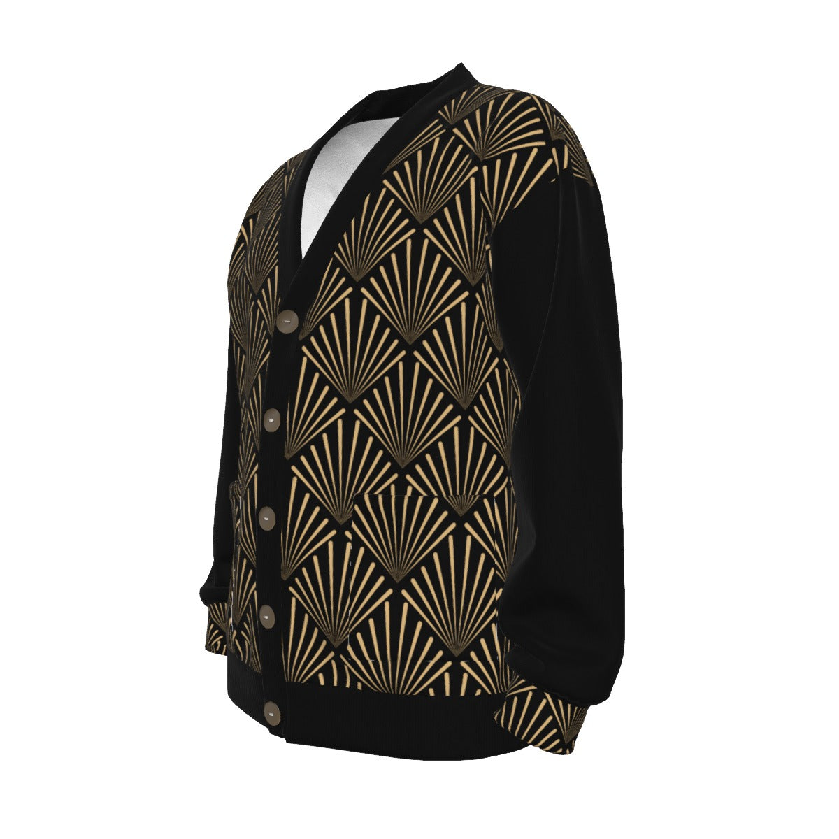 All-Over Print Unisex V-neck Knitted Fleece Cardigan With Button Closure black fan