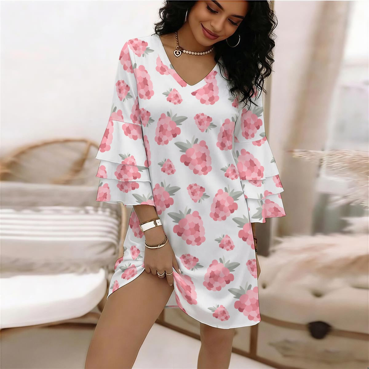 All-Over Print Women's Stacked Ruffle Sleeve Dress