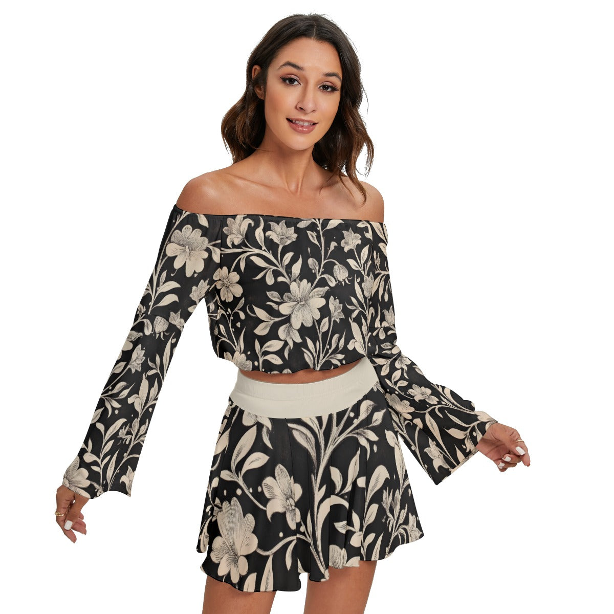 All-Over Print Women's Off-shoulder Top And Skirt Set