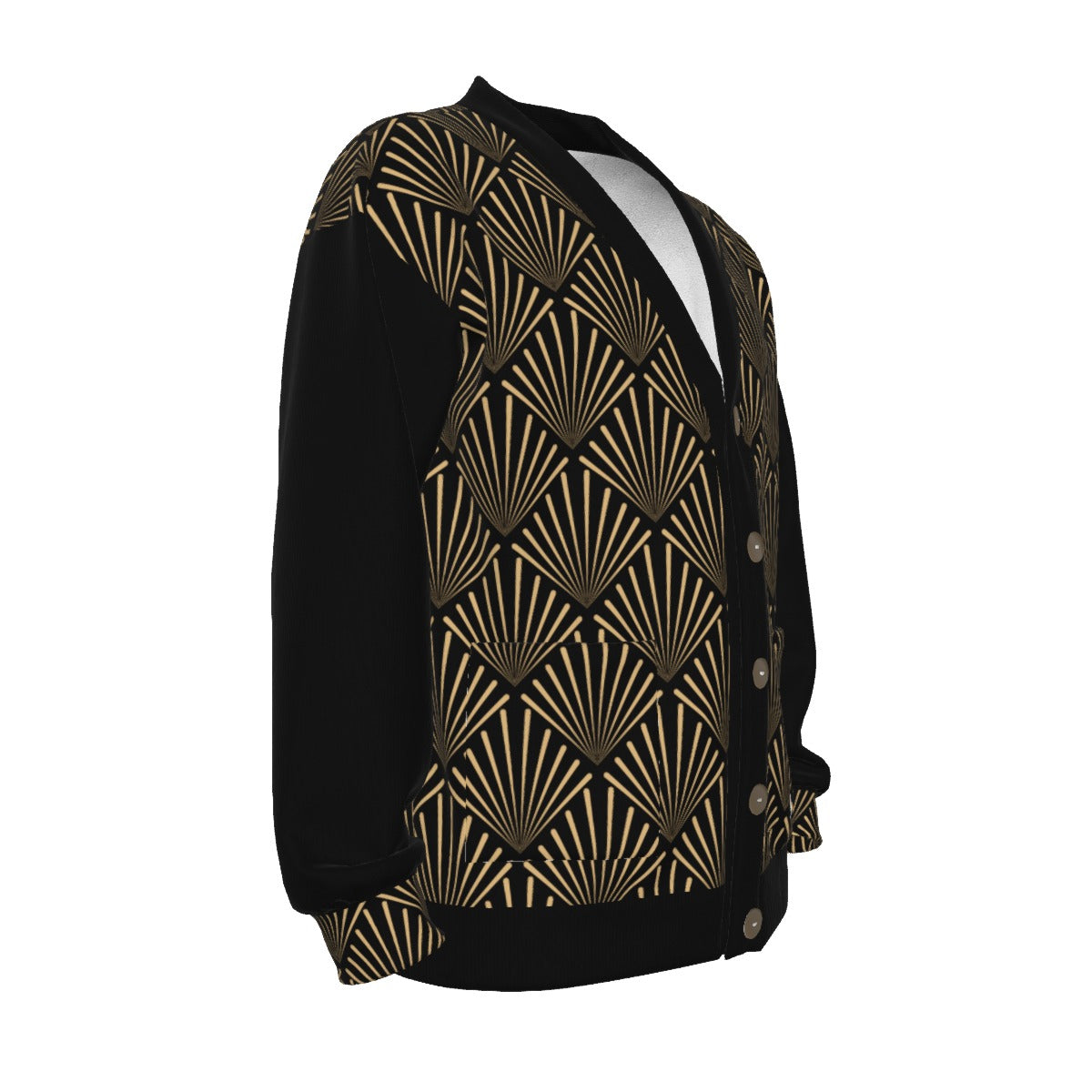 All-Over Print Unisex V-neck Knitted Fleece Cardigan With Button Closure black fan