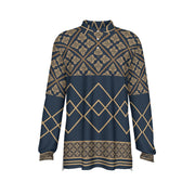 Navy and Gold Ornamental Men's Long-Sleeve Polo Shirt