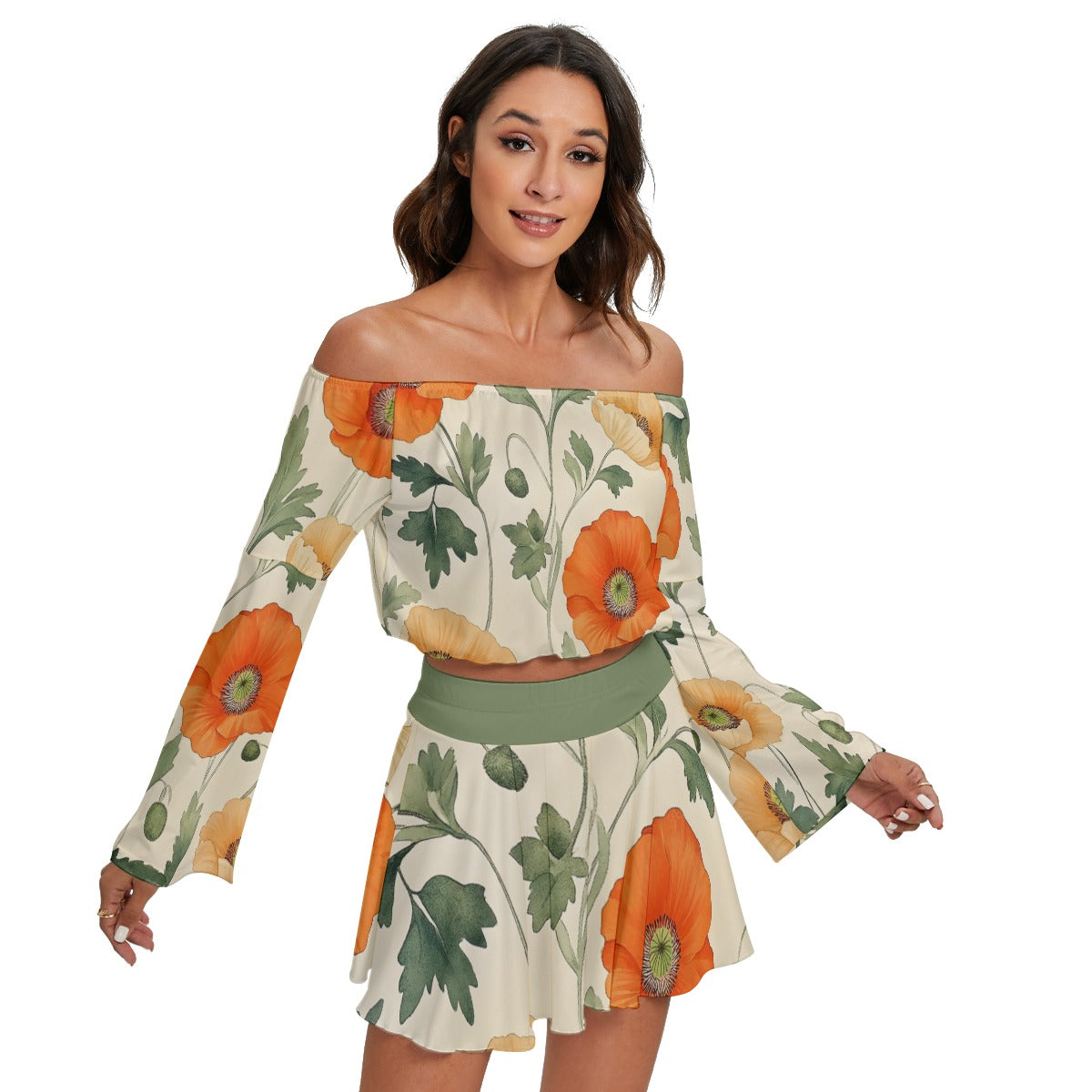 All-Over Print Women's Off-shoulder Top And Skirt Set