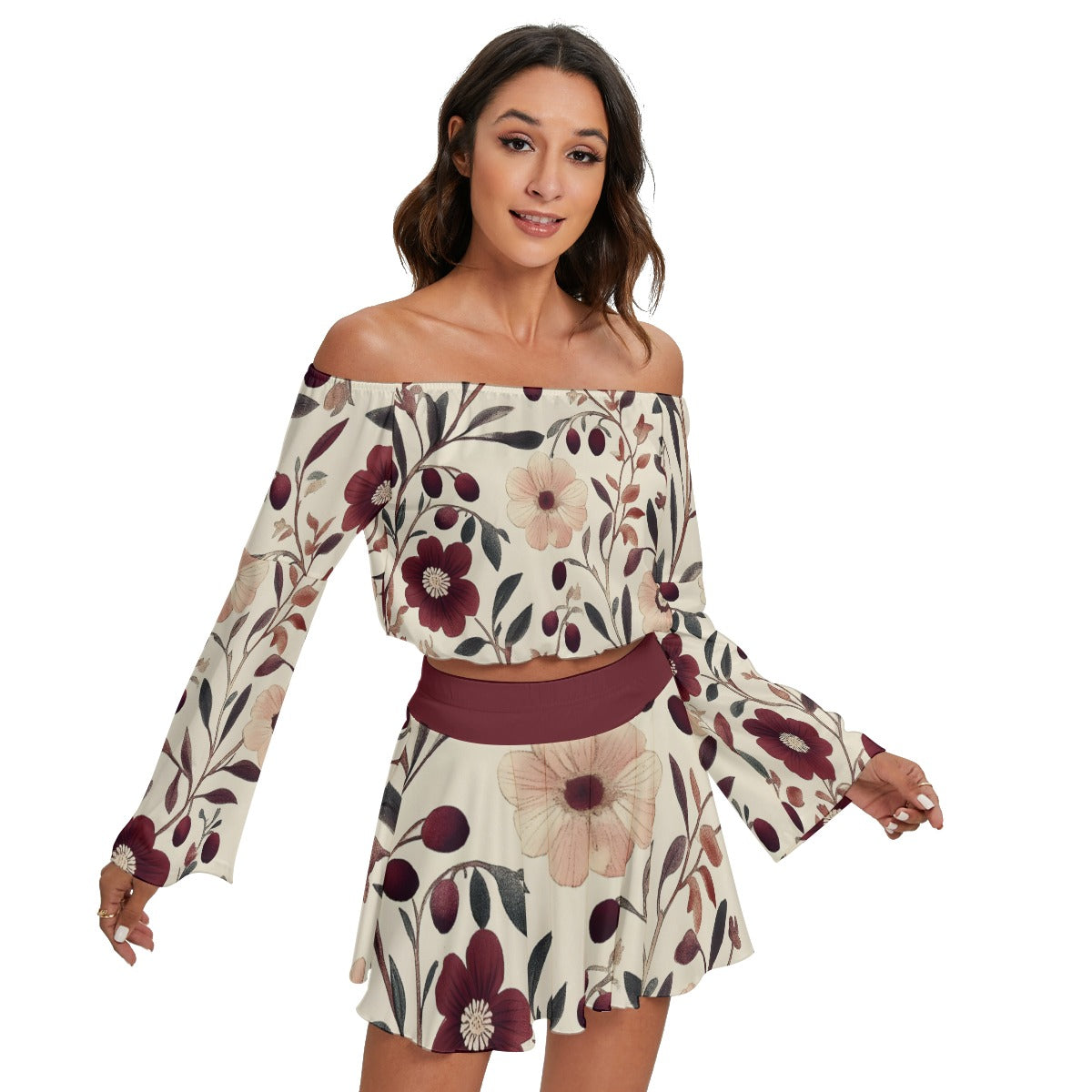 All-Over Print Women's Off-shoulder Top And Skirt Set