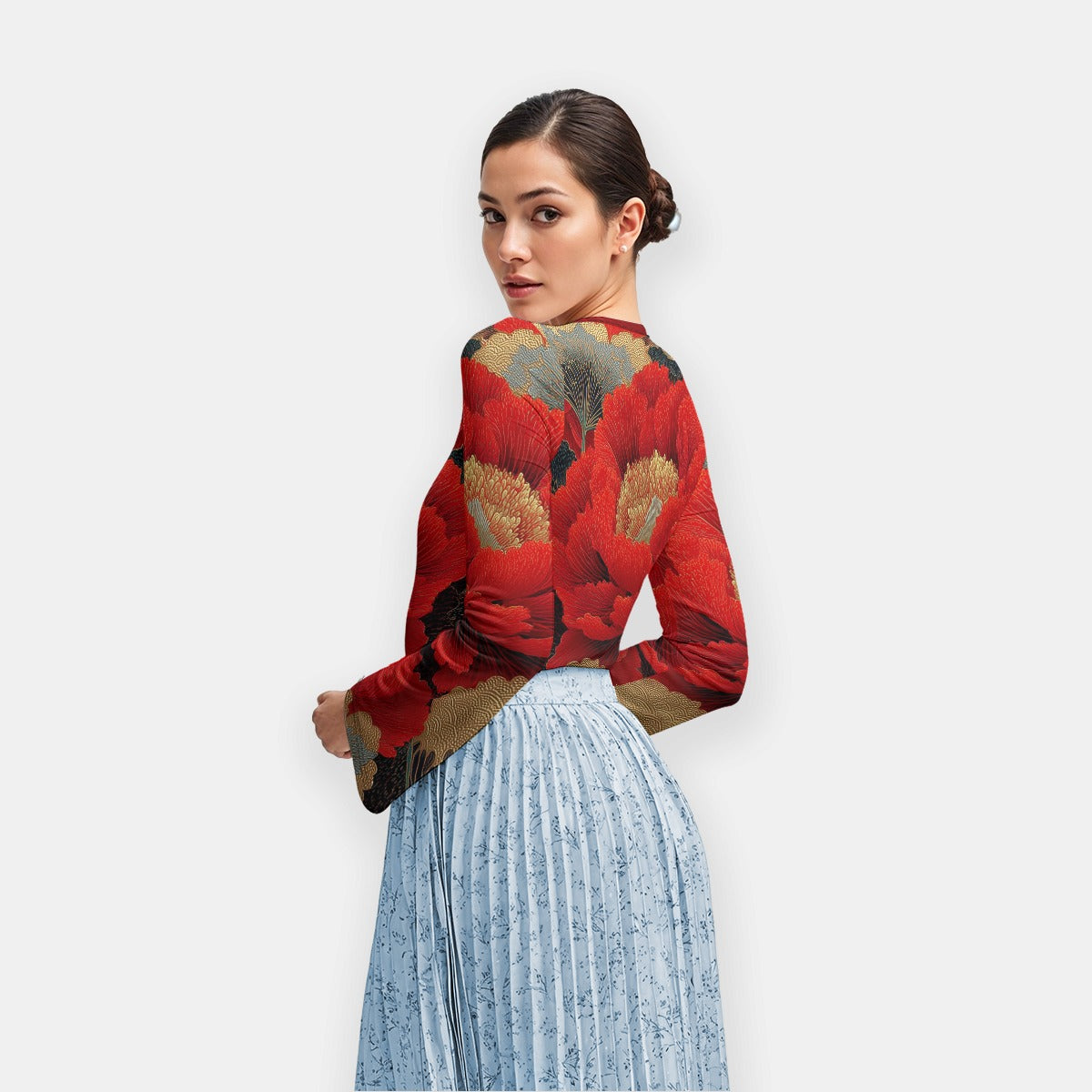 Red Gold Floral Flared Sleeve Women’s Long Sleeve Top