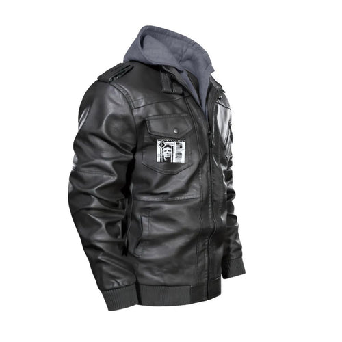 Custom Men PU Leather Jacket Removable Hood Zip Moto Coat