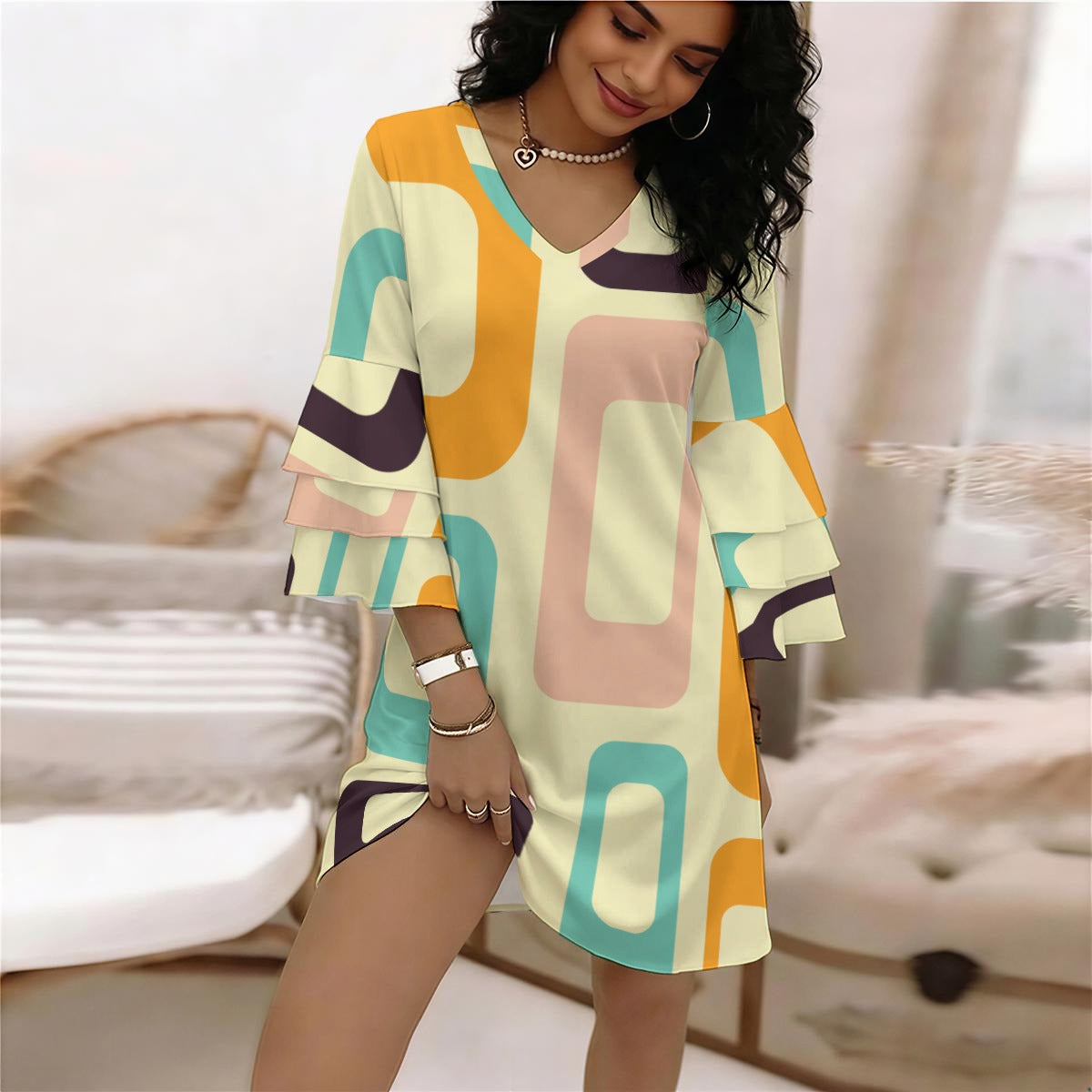 All-Over Print Women's Stacked Ruffle Sleeve Dress