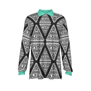 Black and White Geometric with Teal Trim Men's Long-Sleeve Polo Shirt