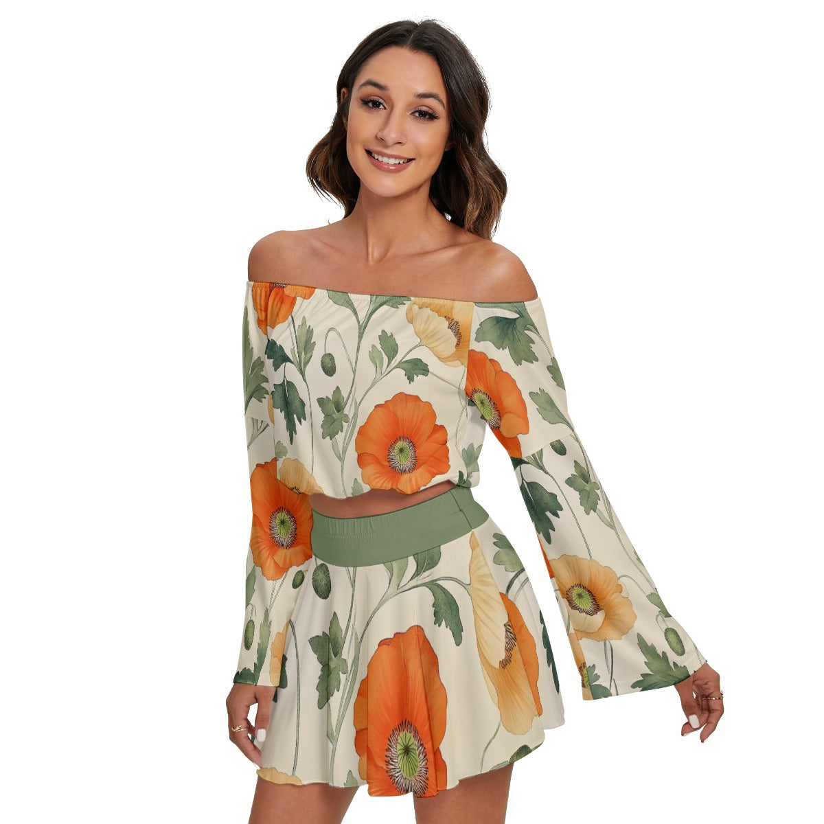 All-Over Print Women's Off-shoulder Top And Skirt Set