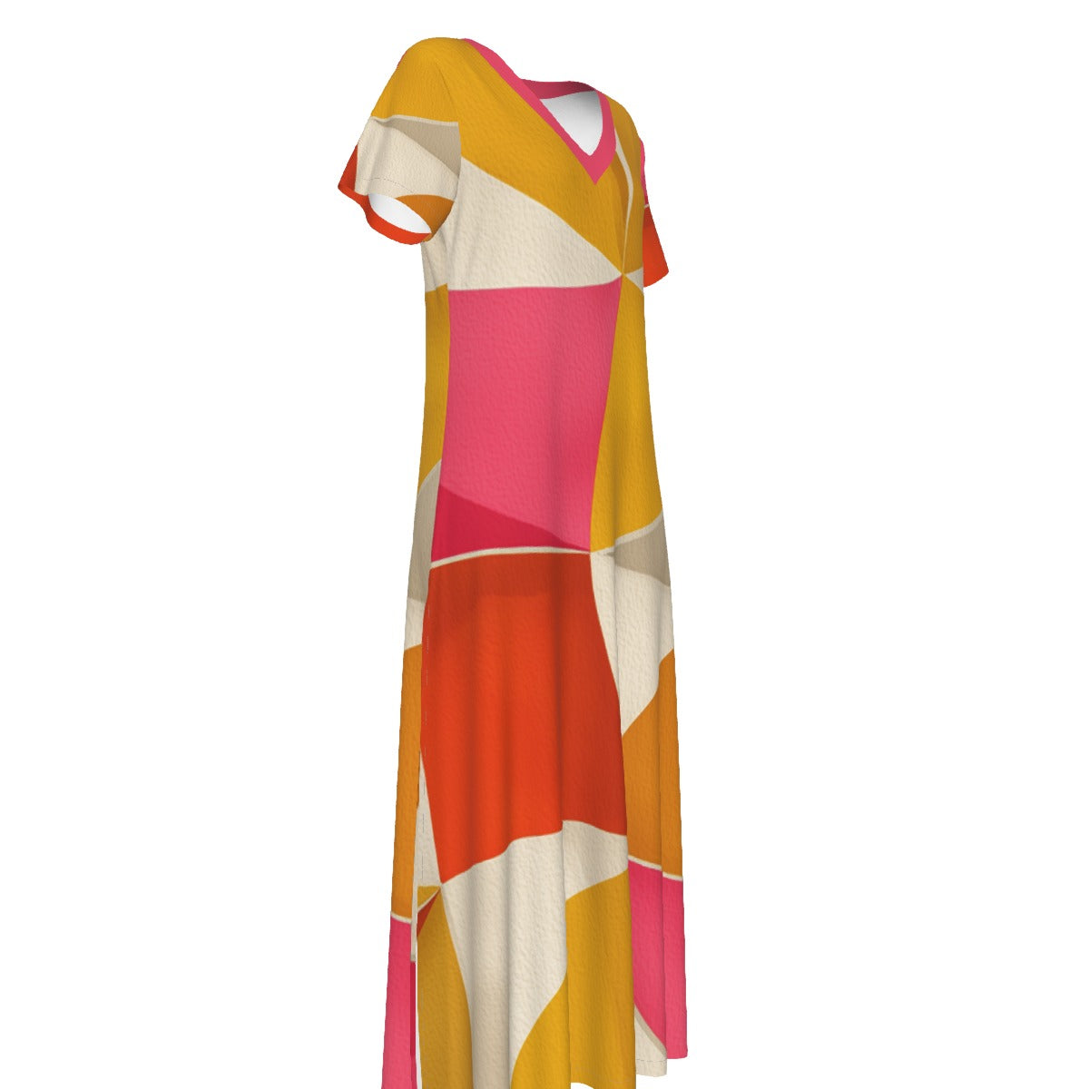 All-Over Print Women's V-neck Dress With Side Slit-groovy gold and pink