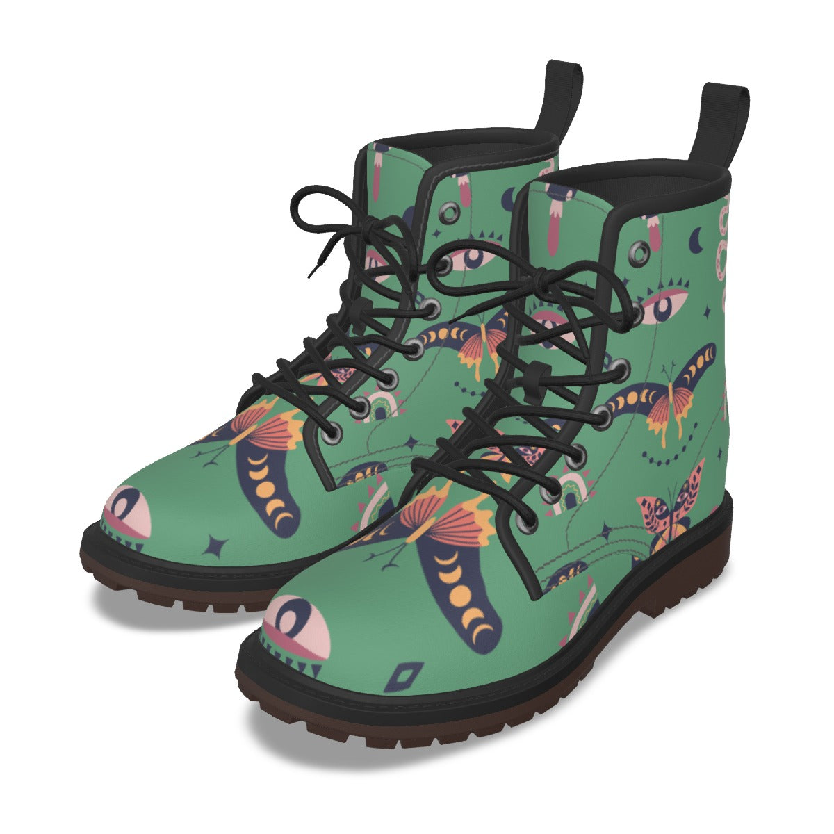 Witchy Green Celestial Moth Moon Print Combat Boots