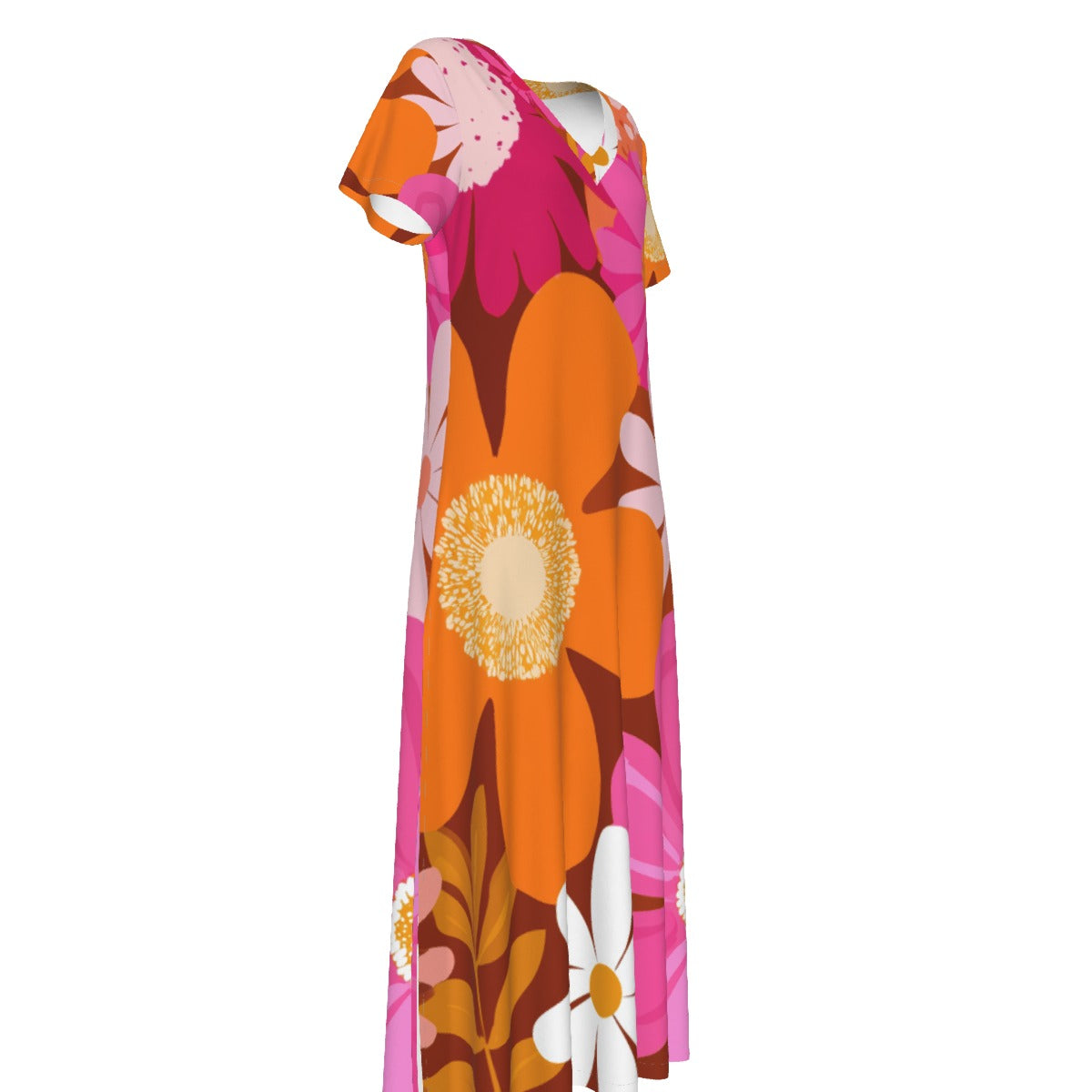 All-Over Print Women's V-neck Dress With Side Slit- flower power pink and orange