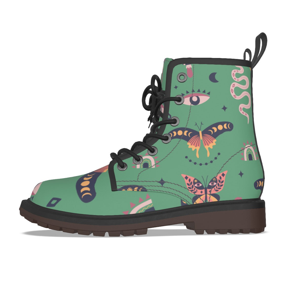 Witchy Green Celestial Moth Moon Print Combat Boots