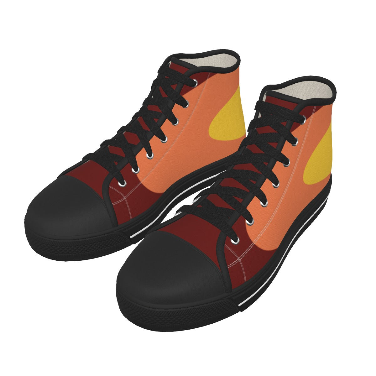 A pair of high-top canvas sneakers with a modern abstract color-blocked design in orange, dark red, yellow, and black, shown on a plain white background.