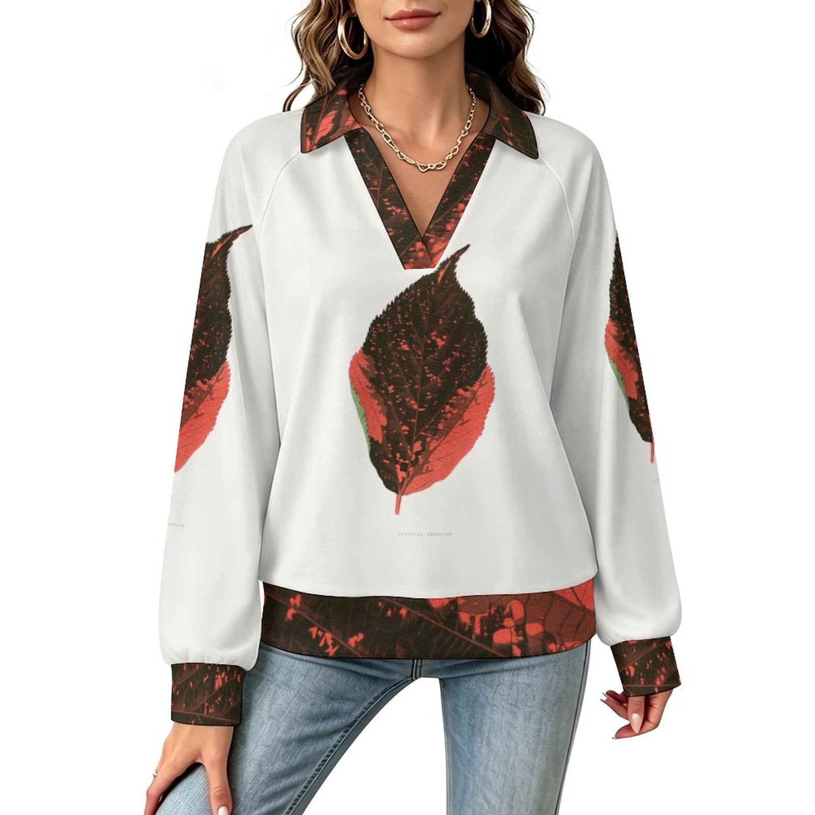 170gsm Casual Long Sleeve V-Neck Sweatshirt(All-Over Printing) Orange leaf pattern
