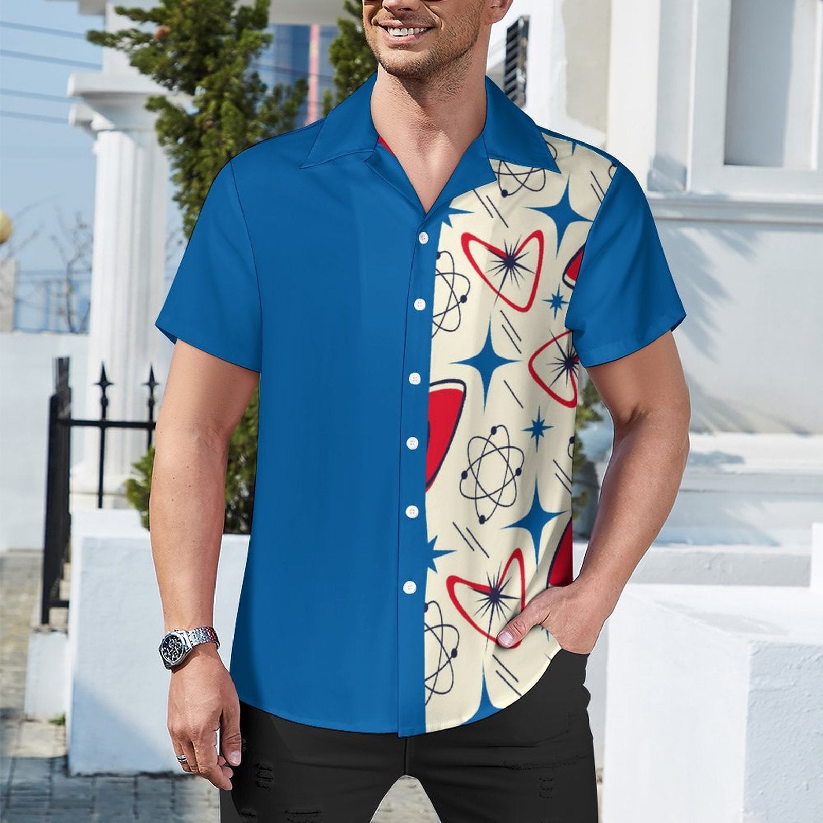 Short Sleeve Cuban Collar Shirt(All-Over Printing)retro starburst beige blue red