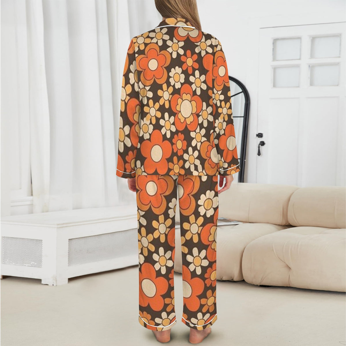 Women's Satin Pajama Set Retro Flower Power Orange