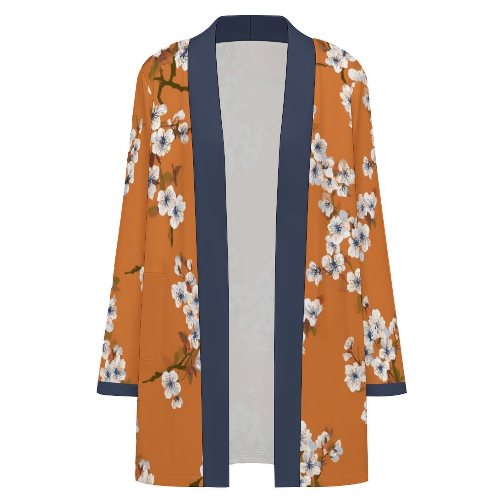 180gsm Women's Long Sleeve Cardigan With Pockets(All-Over Printing) white dogwood pattern orange background