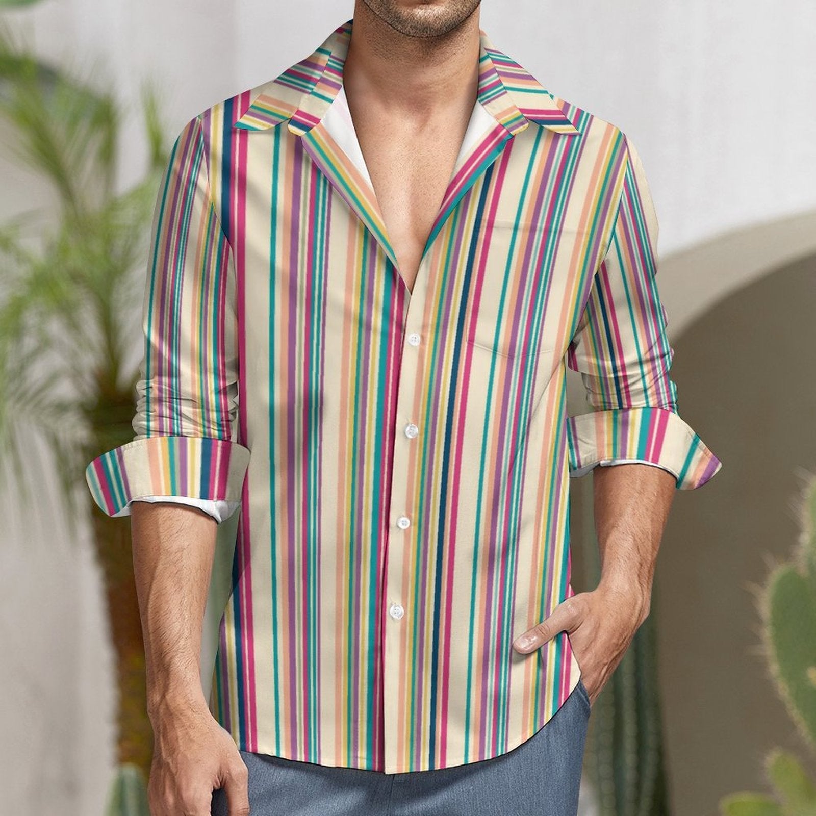 135gsm Casual Long-Sleeve Shirt for Men(All-Over Printing) italian stripes