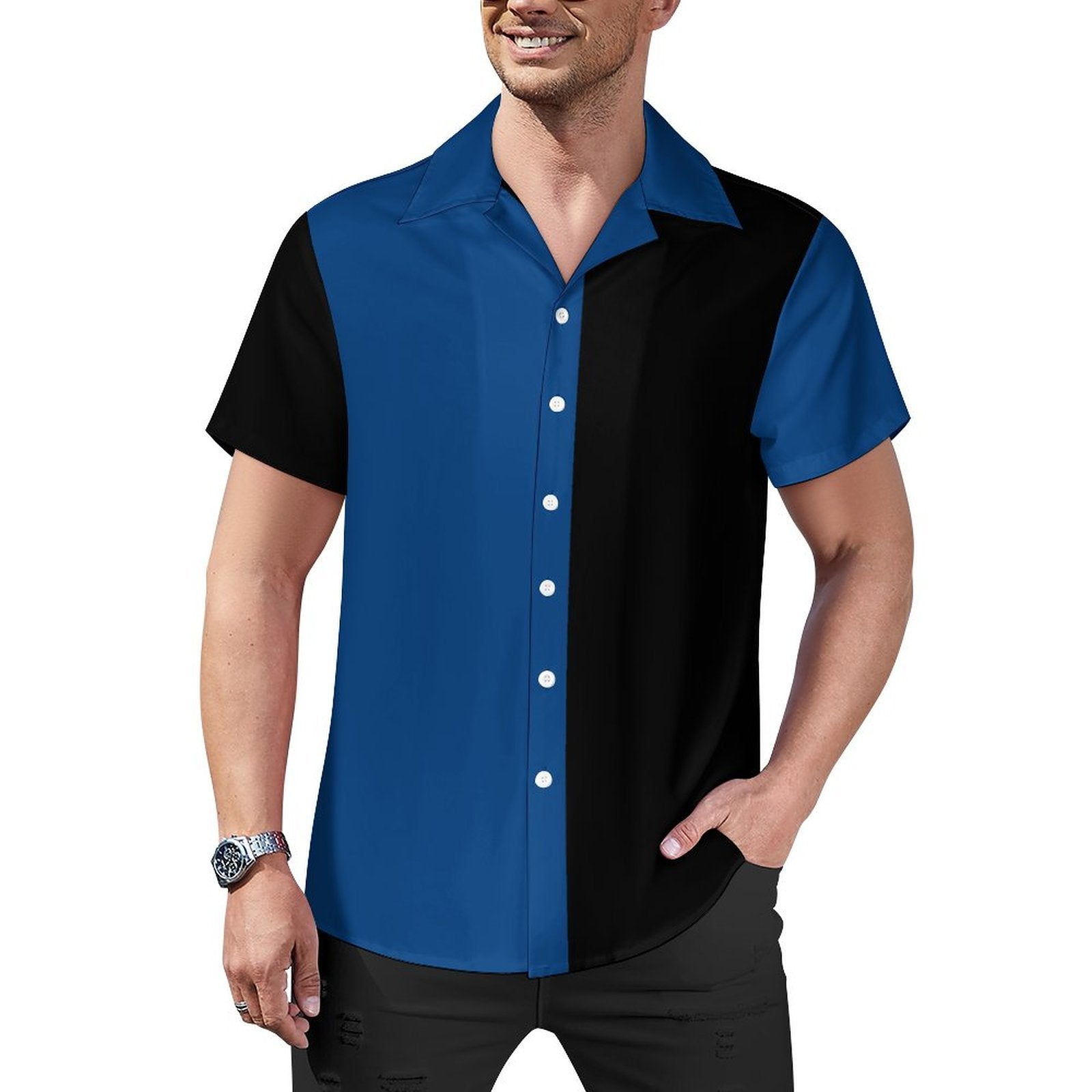 Short Sleeve Cuban Collar Shirt(All-Over Printing)blue and black