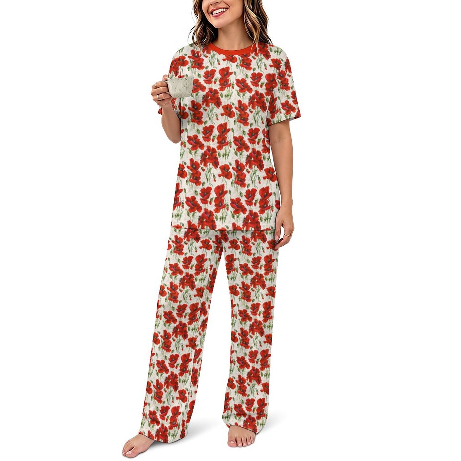 180gsm Short Sleeved Pajama Set(All-Over Printing) floral print beige and red