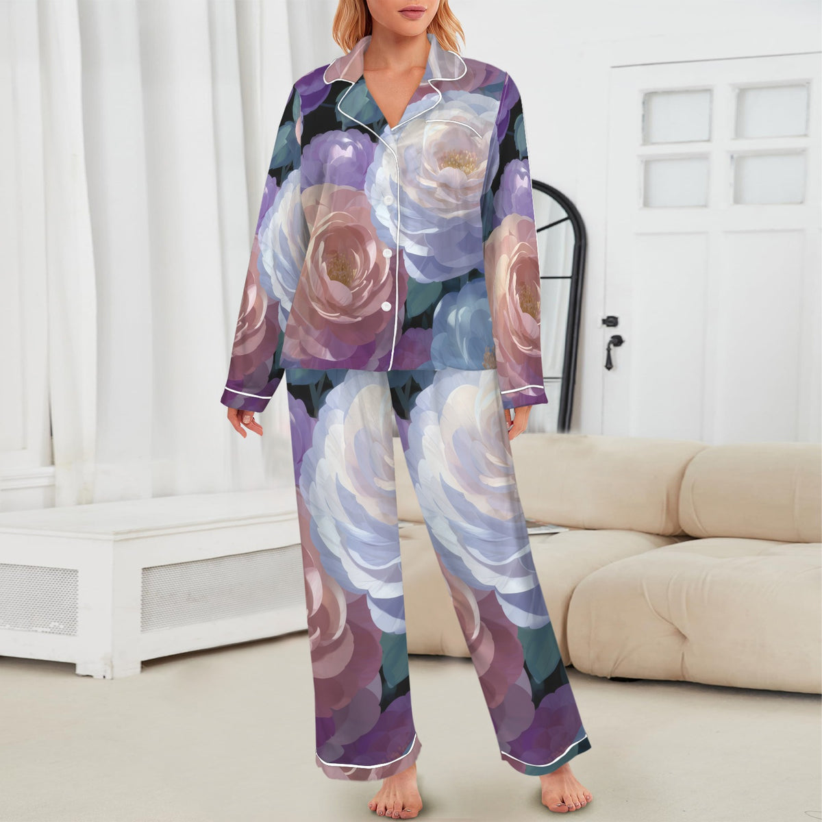 Women's Pastel Floral Spiral Satin Pajama Set