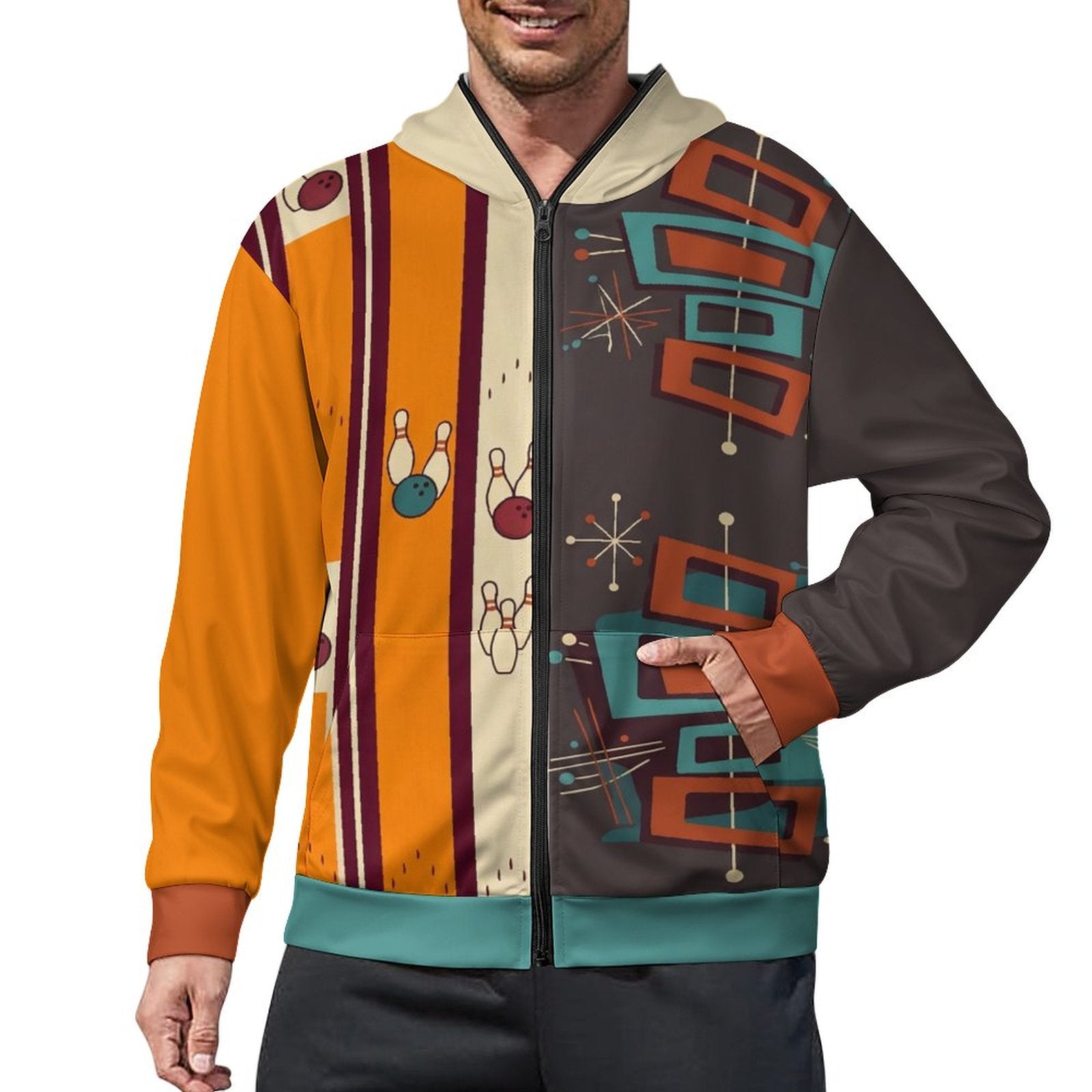 280gsm Full Zip Hoodie For Men(All-Over Printing) retro bowling pattern brown orange rust teal