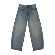 Men’s Distressed Barrel Leg Jeans Loose Fit Washed Denim