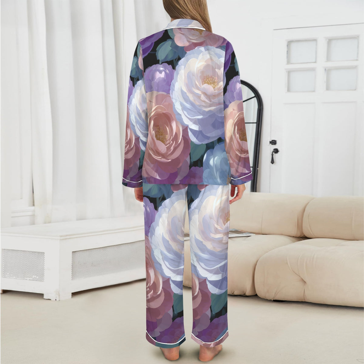 Women's Pastel Floral Spiral Satin Pajama Set